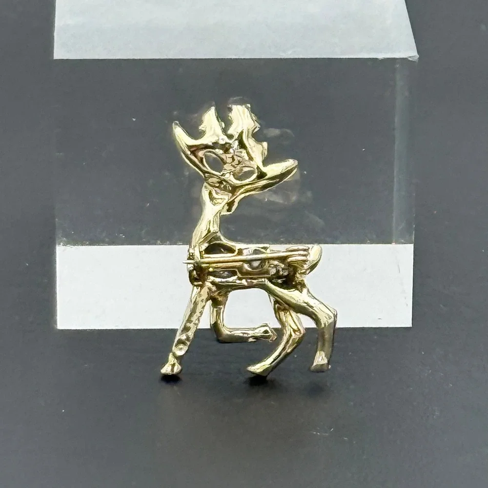 Vintage Gold Tone Christmas Reindeer Brooch Holly Berry Enamel Holiday Pin